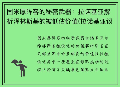 国米厚阵容的秘密武器：拉诺基亚解析泽林斯基的被低估价值(拉诺基亚谈效力国米)
