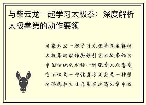 与柴云龙一起学习太极拳：深度解析太极拳第的动作要领