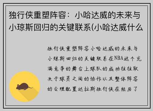 独行侠重塑阵容：小哈达威的未来与小琼斯回归的关键联系(小哈达威什么水平)