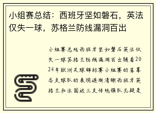 小组赛总结：西班牙坚如磐石，英法仅失一球，苏格兰防线漏洞百出