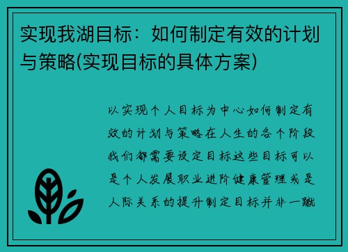 实现我湖目标：如何制定有效的计划与策略(实现目标的具体方案)