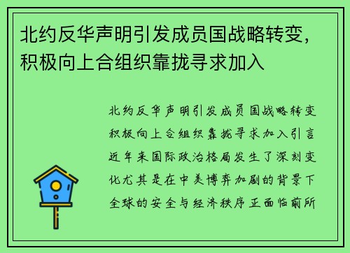 北约反华声明引发成员国战略转变，积极向上合组织靠拢寻求加入