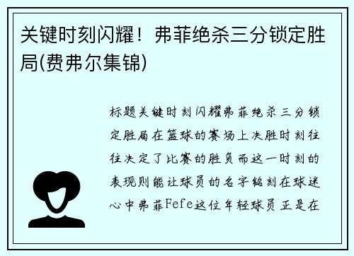 关键时刻闪耀！弗菲绝杀三分锁定胜局(费弗尔集锦)