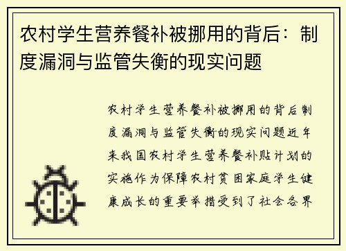 农村学生营养餐补被挪用的背后：制度漏洞与监管失衡的现实问题
