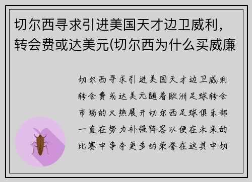 切尔西寻求引进美国天才边卫威利，转会费或达美元(切尔西为什么买威廉)