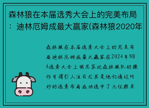 森林狼在本届选秀大会上的完美布局：迪林厄姆成最大赢家(森林狼2020年选秀权)