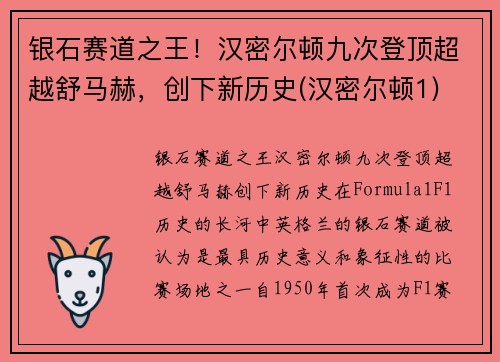 银石赛道之王！汉密尔顿九次登顶超越舒马赫，创下新历史(汉密尔顿1)